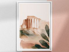 an art print of the parthenion temple in acrylic watercolors