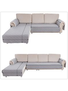 two pictures of a couch and ottoman with the same fabric material as shown in this image