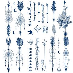 an assortment of tattoo designs with arrows and symbols on them, all drawn in blue ink