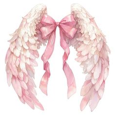 two angel wings with pink ribbons tied around them, on a white background in the shape of a bow