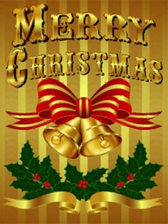 a merry christmas card with bells and holly leaves on gold striped background, surrounded by red ribbon