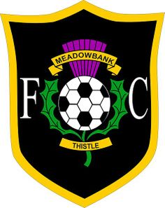 a black and yellow shield with a soccer ball on it's center, says meadowbank thistle