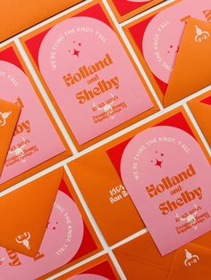 several orange and pink envelopes with the words holland and shelby on them