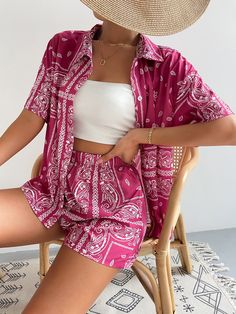 Rose Red Boho Collar Short Sleeve  Paisley,Tribal  Embellished Non-Stretch  Women Co-ords Printed Shirt Outfit, Elastic Waist Shorts Outfit, Drop Shoulder Blouse, Bandana Outfit, Paisley Scarf, Sewing Courses, Paisley Scarves