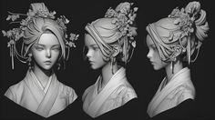 three different views of a woman's head with flowers in her hair