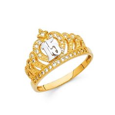 a gold crown ring with diamonds on the bottom and an initial in the middle,