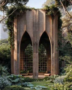 an architecturally designed building in the middle of trees and grass with plants growing on it