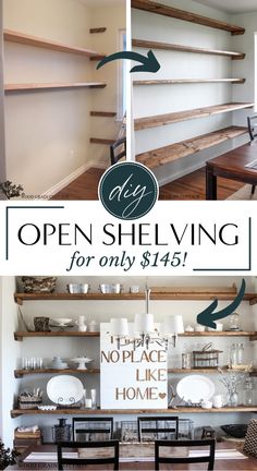 Open Shelves In Dining Room Display, Diy Dining Room Shelves, Dining Room Floating Shelf, Open Shelving Dining Room Wall, Dining Room With Shelves, Open Shelving Dining Room, Dining Room Wall Shelves, Floating Shelves Dining Room Wall, Diy Open Shelving Kitchen