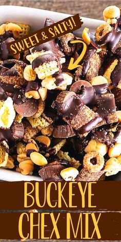 sweet and salty buckeye chex mix in a bowl