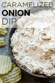 an image of a bowl of dip with crackers in the background and text overlay that reads caramelized onion dip