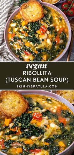 two bowls of italian bean soup with bread on the side and text overlay that reads vegan ribolita tuscanan bean soup