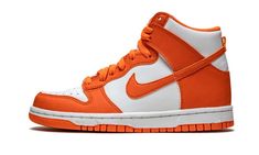 The Nike Dunk High GS “Syracuse” is the youth sizing of an original colorway from the college basketball inspired “Be True to Your School” pack from 1985.  Nike brought back the popular “Syracuse” look on the low-top version of the Dunk in 2020 to coincide with the Dunk’s 35-year anniversary.  In 2021, the white-and-orange colorway returned on the Dunk High for the first time since 2016.  Fiery Orange Blaze leather panels on the forefoot, eyelets, collar, and heel provide a burst of color agains High Top Nike, Nike Dunk Low Sp, Sb Dunks, School Pack, Dunk High, Nike Dunk High, Fame Dr, Stadium Goods, Sneaker Games