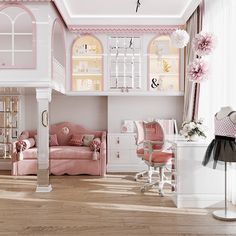 a pink and white dollhouse with furniture, decor and flowers on the windowsill