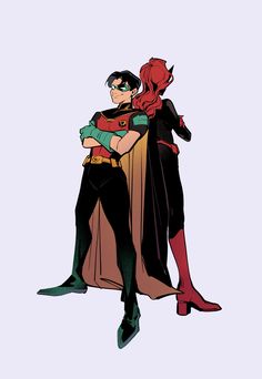 two people dressed as batman and robin wayne, one holding the other's arm