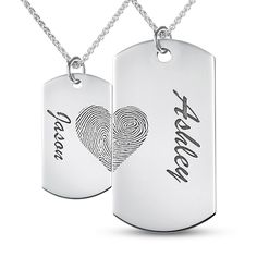 Create a romantic gift with this personalized and engravable couple's fingerprint dog tag pendant set. Fashioned in sterling silver Each dog tag features an actual fingerprint - provided by you and your special someone, expertly transferred using modern technology - that when brought side-by-side form a heart. Add a corresponding name - 10 characters max - inscribed next to the fingerprint. Further customize each design with up to three lines of messages - 20 characters max - inscribed along the Craft Shack, Dog Tag Pendant, Laser Engraved Ideas, Peoples Jewellers, Engraved Jewelry, Romantic Gift, Dog Tag, Modern Technology, Side By Side