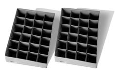 two black and white boxes with dividers on them