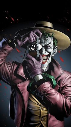 the joker is holding his head with one hand and wearing a hat on top of his head