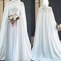 two pictures of a woman wearing a white wedding gown and veil with flowers on it