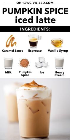 pumpkin spice iced latte ingredients and instructions for making an ice cream treat in a cup