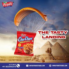 a bag of cheetos flying over the egyptian pyramids with a parachute above it