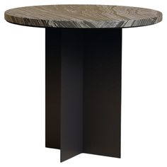 a round wooden table with black base and wood grain pattern on the top, against a white background