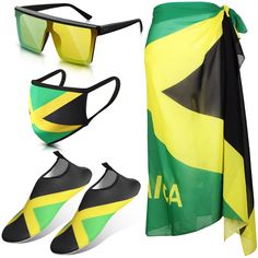 PRICES MAY VARY. Ideal Vacation Suit Combination: the package come with 1 piece of Jamaican swimsuit cover up, 1 piece of Jamaica sunglasses, 1 pair of Jamaican sandals and 1 piece of Jamaican face mask for men women, offering you an attractive outfit from head to foot Reliable Material for Comfortable Wearing: made of quality chiffon, the cover up vacation scarf is pliable and serviceable in structure, breathable and lightweight, able to keep your body away from strong sunlight, sand, wind, etc Jamaica Outfits Ideas, Yellow Swimwear With Uv Protection For Summer, Yellow Uv Protection Swimwear For Summer, Yellow Swimwear With Uv Protection For Beach, Jamaican Swimsuit, Jamaica Colors, Black Sarong, Jamaican Colors, Jamaica Outfits