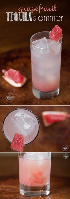 the grapefruit troula slameer is served in a glass with ice and garnishes