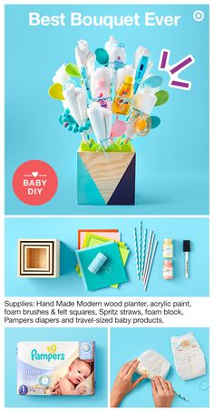 an advertisement for baby products on a blue background with the words best bouquet ever in it