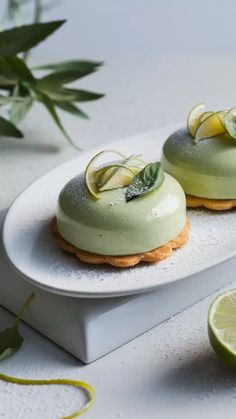 two small desserts on a white plate with lime slices and leaves around the edges