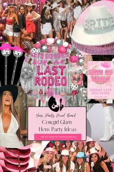 a collage of photos including hats, dresses and other items for a bachelor party