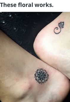 two women's legs with matching tattoos on their ankles, one has a flower and the other is a leaf