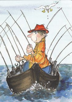 a man in a boat with lots of fishing rods