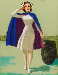 a woman in a white dress and blue cape is standing next to an army vehicle