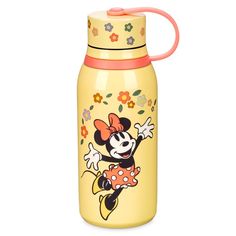 a yellow mickey mouse water bottle with an orange straw in the top and pink handle