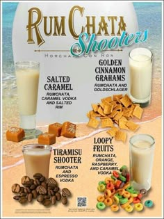 an advertisement for rumchata shows different types of drinks and cereals on the beach