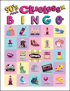 an advertisement for the 90's clues in bingo game, featuring various items