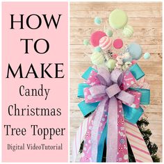 Join me in Ashley's Wreath Class and let me teach you How to Make a Christmas Tree Topper for holiday decorating! 🎄  This DIY video tutorial teaches how to create a pink Christmas tree topper with pastel colored faux candy sprays and pinks. The large handmade Christmas tree bow is the finishing touch.  ⭐️⭐️ Need all the supplies to make this Christmas Tree Topper? Check out this listing: https://3littlegreenwoods.etsy.com/listing/1767914505 ⭐️⭐️ Transform your home with beautiful, handcrafted C Christmas Tree Topper Diy, Tree Topper Diy, Christmas Tree Bow Topper, Tree Bow Topper, Fall Wreath Tutorial, Diy Tree Topper, Candy Christmas Tree, Diy Christmas Tree Topper, A Pink Christmas