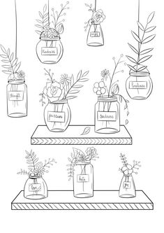 four vases with flowers and plants in them are on a shelf, one is empty