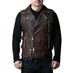 Purchase Vintage Heavy Genuine Leather Motorcycle Biker Vest for Men / Rock Style Sleeveless Waistcoats Layered Outfit, Rock Style Outfits, Rock Style Clothing, Vest For Men, Rock Vintage, Black Pants Men, Rock Outfits