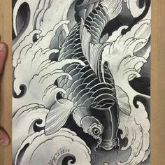 a drawing of a koi fish in the water with waves coming out of it