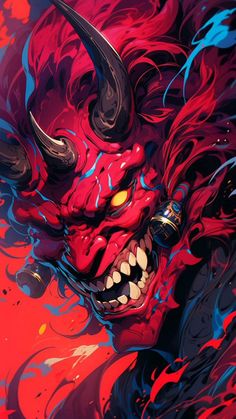 a demonic demon with horns and fangs on it's face, painted in red and blue