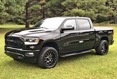 a black ram truck parked on top of a lush green field next to pine trees