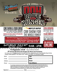 a flyer for the drive - by dinner event with an image of a car on it