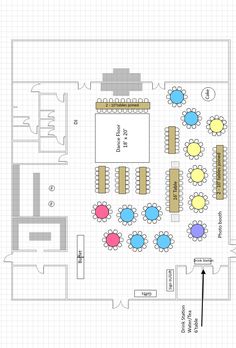 the floor plan for an event with tables, chairs and seating areas on each side