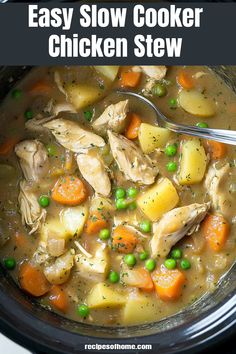 Warm, hearty, and loaded with tender chicken, veggies, and a creamy broth, this Slow Cooker Chicken Stew is the ultimate comfort food! Perfect for busy weeknights or meal prep. 🥕🍗🥔 #SlowCookerRecipes #ChickenStew #ComfortFood #EasyMeals #MealPrepIdeas #HealthyDinners #CrockpotRecipes #FamilyFavorites #CozyEats Chicken Artichoke Stew, Shredded Chicken Stew, Chicken And Veggie Crockpot Recipes, Hearty Chicken Stew, Crockpot Chicken Stew Recipes, Chicken Stew Recipe Crockpot, Slow Cooker Chicken Stew Recipes, Comfort Food Crockpot Recipes, Crockpot Stew Recipes