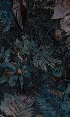 an image of some plants and leaves in the dark night time scene with blue lights