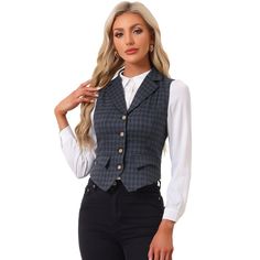 It's a plaid vest with a cinched waist and a handkerchief hem detail. The design is delicate. And the collared v-neck is comfortable for you to wear all day long and draw out your neckline. Matched with blazer outwear adding an urban edge, matched shirts for the professional look, or just over a big poet-type shirt for the 1950s or the Renaissance Fair, this vest can always bring you a surprise. Suitable for working office, formal occasions, casual daily, waitress, concert, wedding, themed parti Collared Shirt With Vest, Waistcoat Woman Outfit Casual, Waistcoat Outfits For Women, Vest Women Outfit, Waistcoat Outfit Women, Shirt With Vest, Tomboy Clothes, Enby Outfits, Concert Wedding