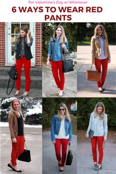 Styling Red Jeans, Red Pants Gray Top Outfit, How To Style Red Jeans, Red Pant Outfit, Red Jeans Outfit Winter, How To Wear Red Pants, Red Pants Outfit Casual, What To Wear With Red Pants, Red Dress Pants Outfit