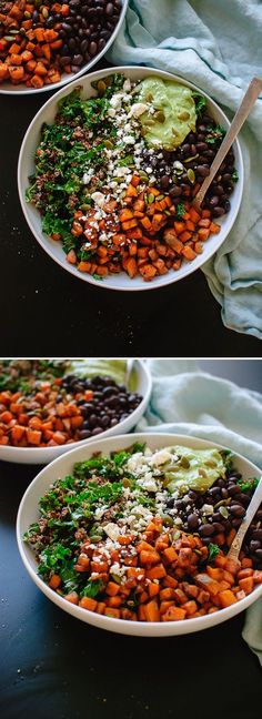 two pictures show the process of making a salad with carrots, black beans and avocado