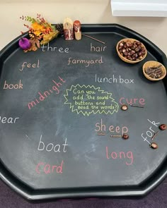 a blackboard with writing on it and some food